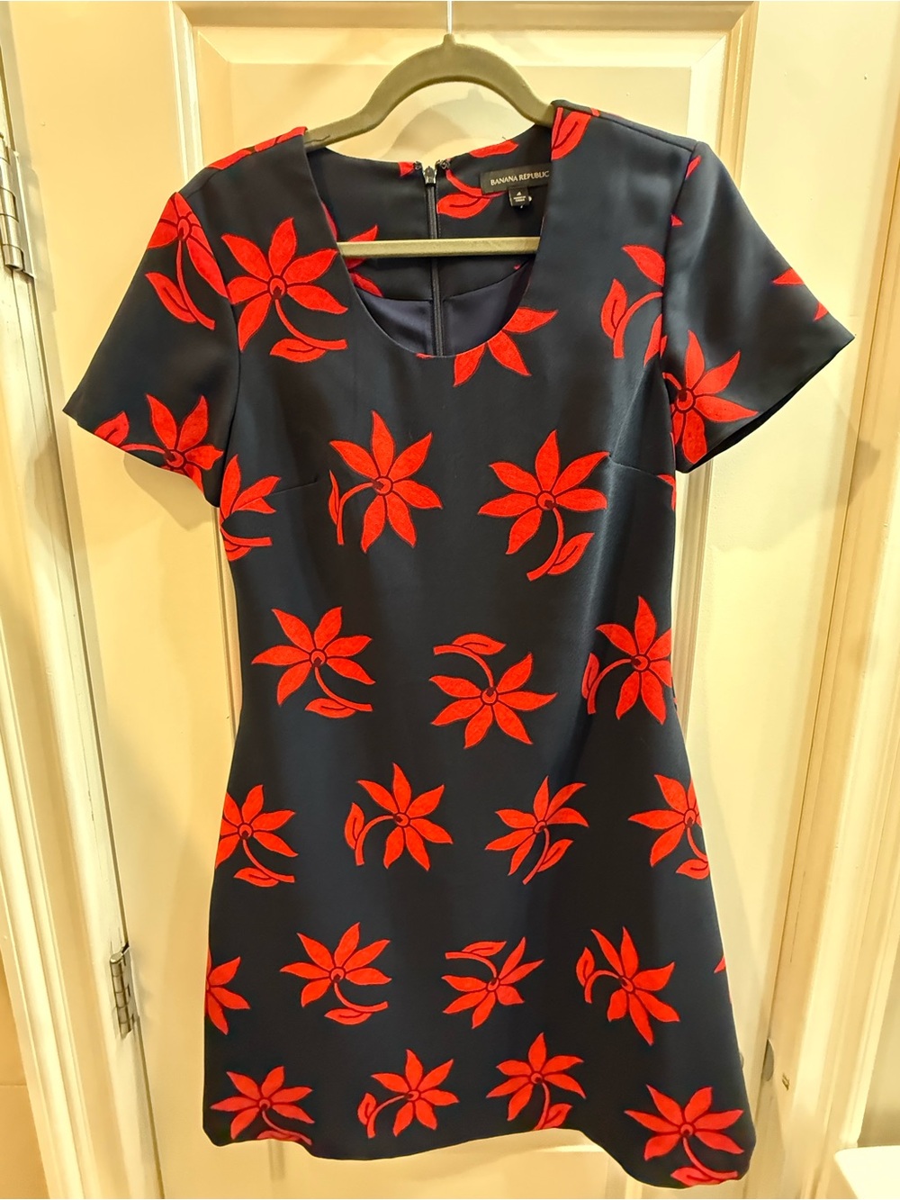 Banana Republic navy mini dress with red floral motifs